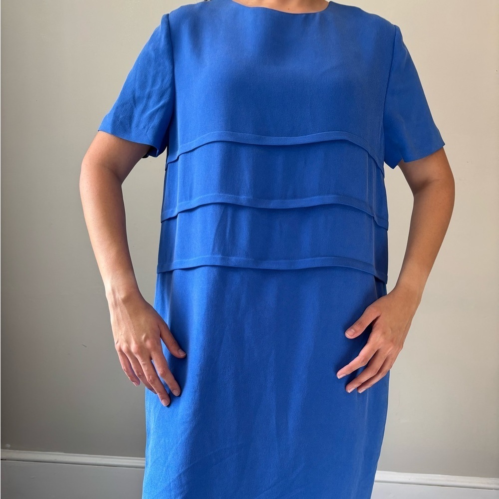 Vintage Eclectic Blue Silk Indie Short Sleeve Preppy Whimsical Midi Large Dress